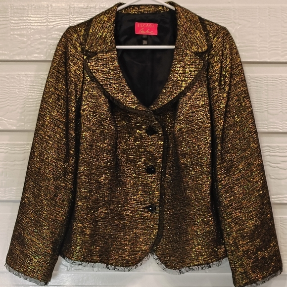 VINTAGE 1980'S XXL ESCADA COUTURE BLACK GOLD METALLIC BLAZER ORGANZA TRIM TWEE - Picture 1 of 5